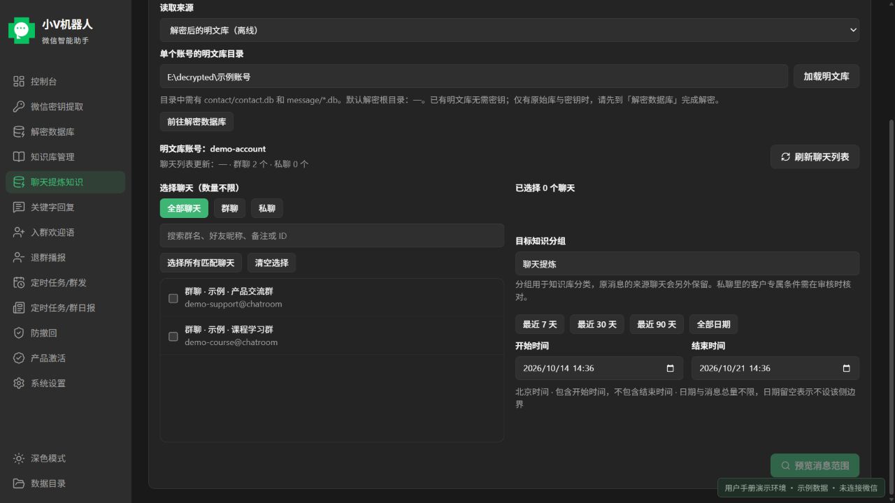 选择聊天、知识分组与时间范围;当前产品前端使用示例数据的界面截图
